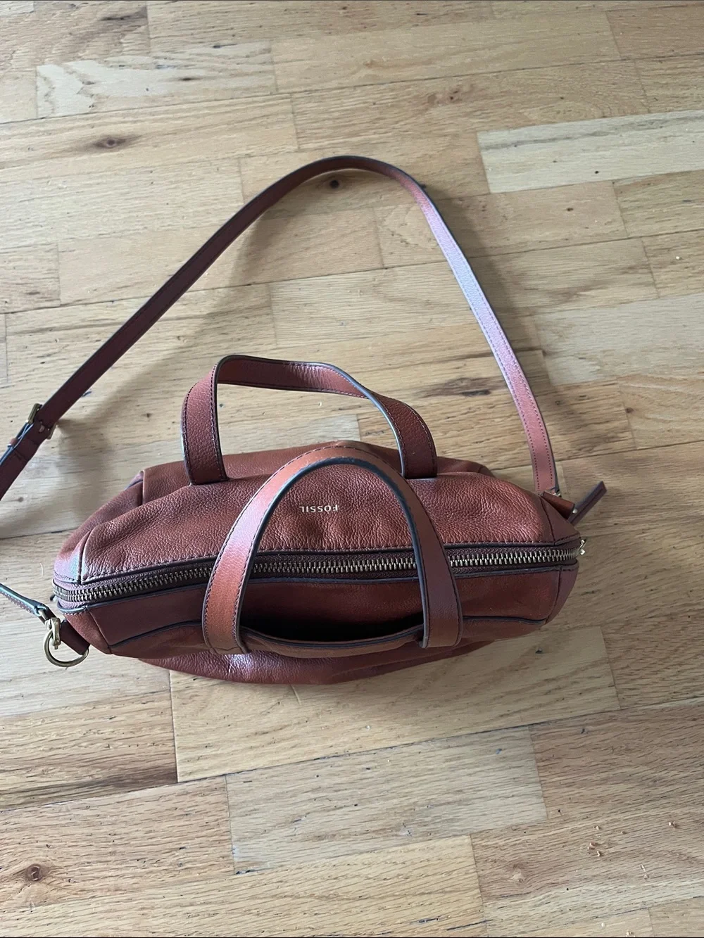 Fossil Leather Satchel in Warm Chestnut Brown